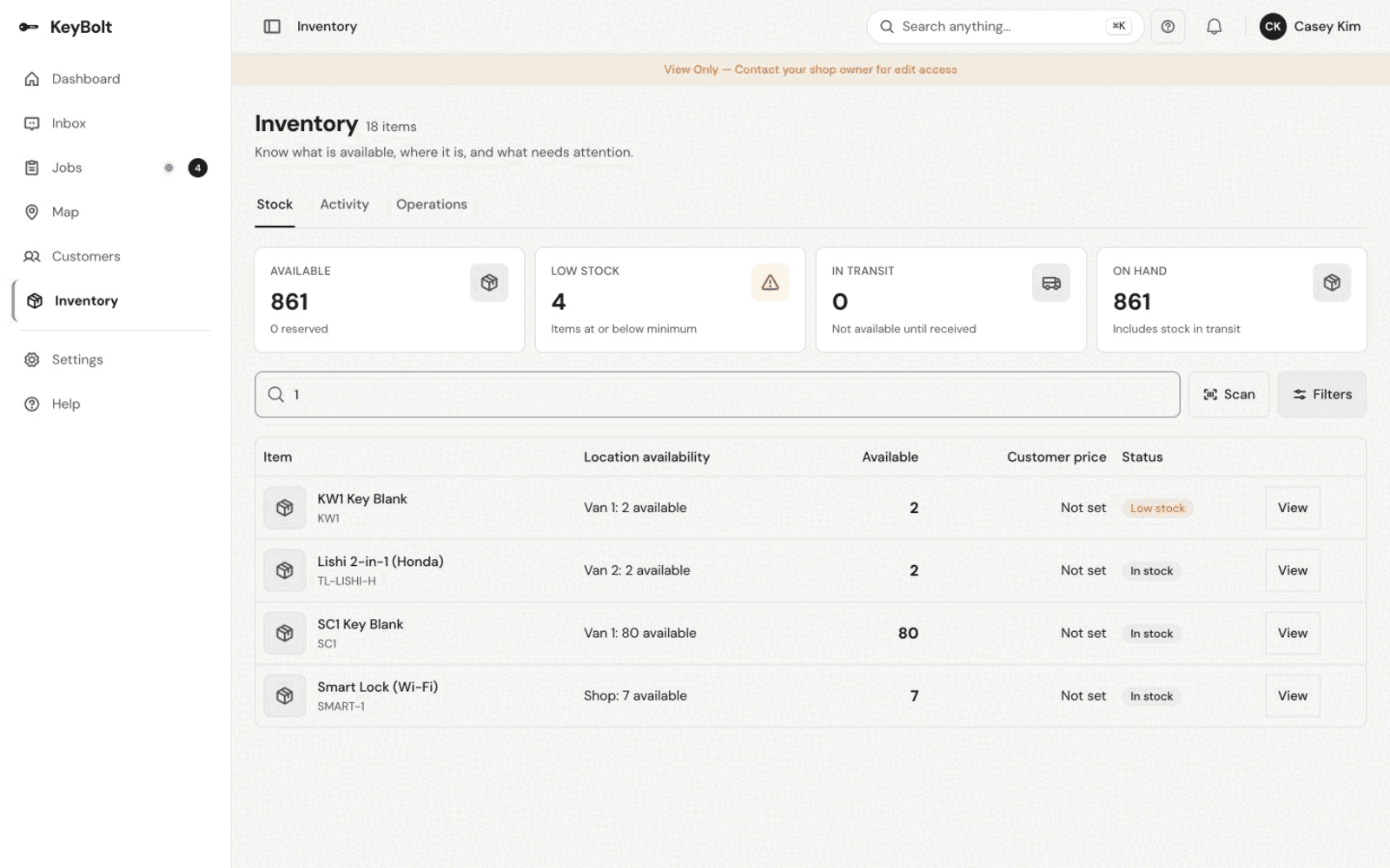 Inventory totals and stock split between the demo shop and two vans