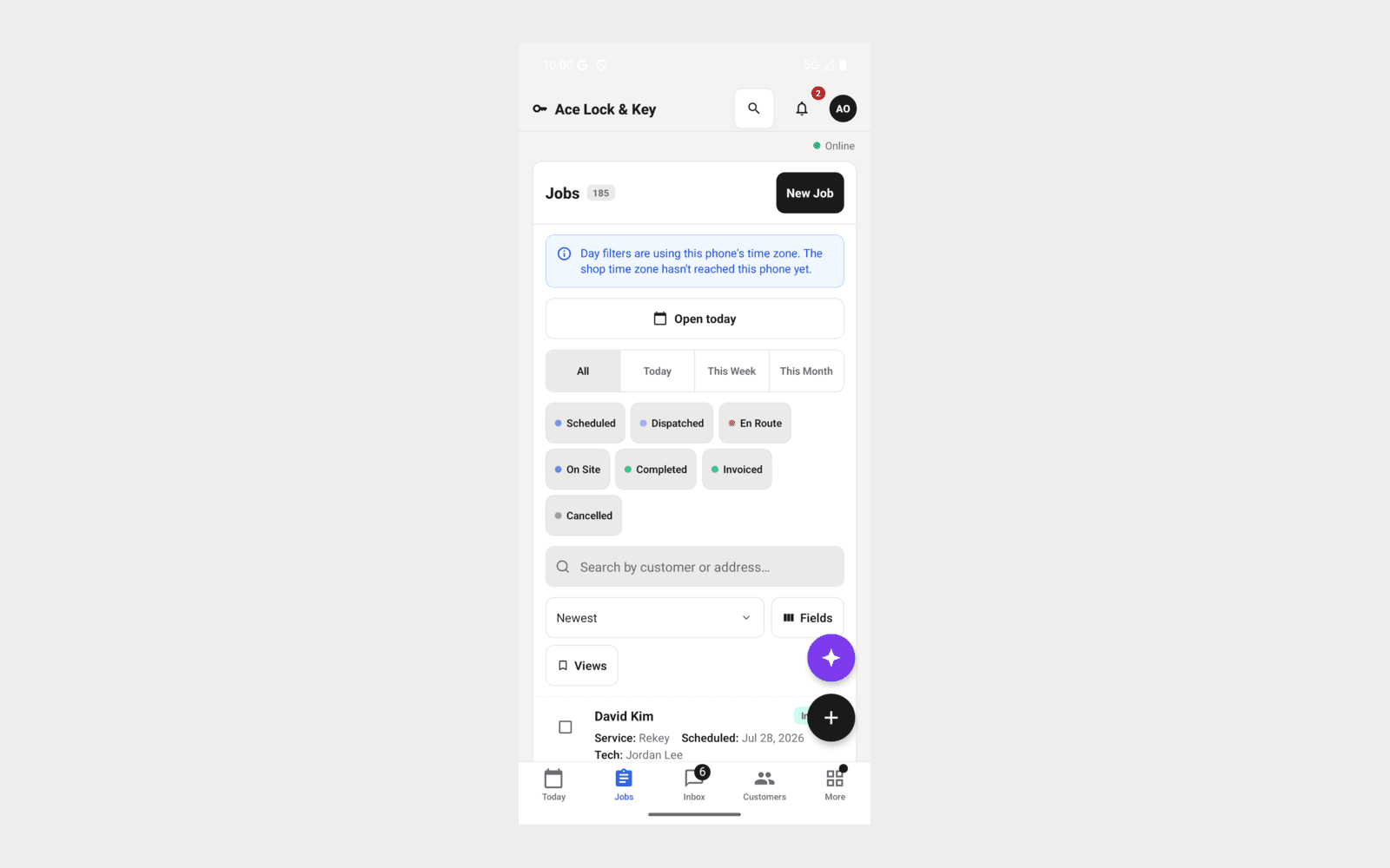 KeyBolt Jobs tab running on an Android phone