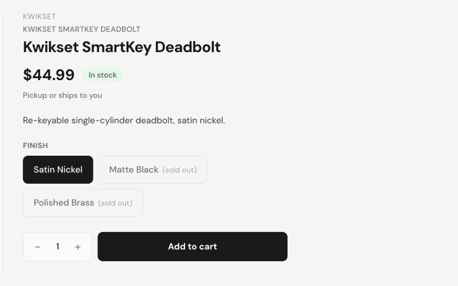 Public demo store product page with three finish options