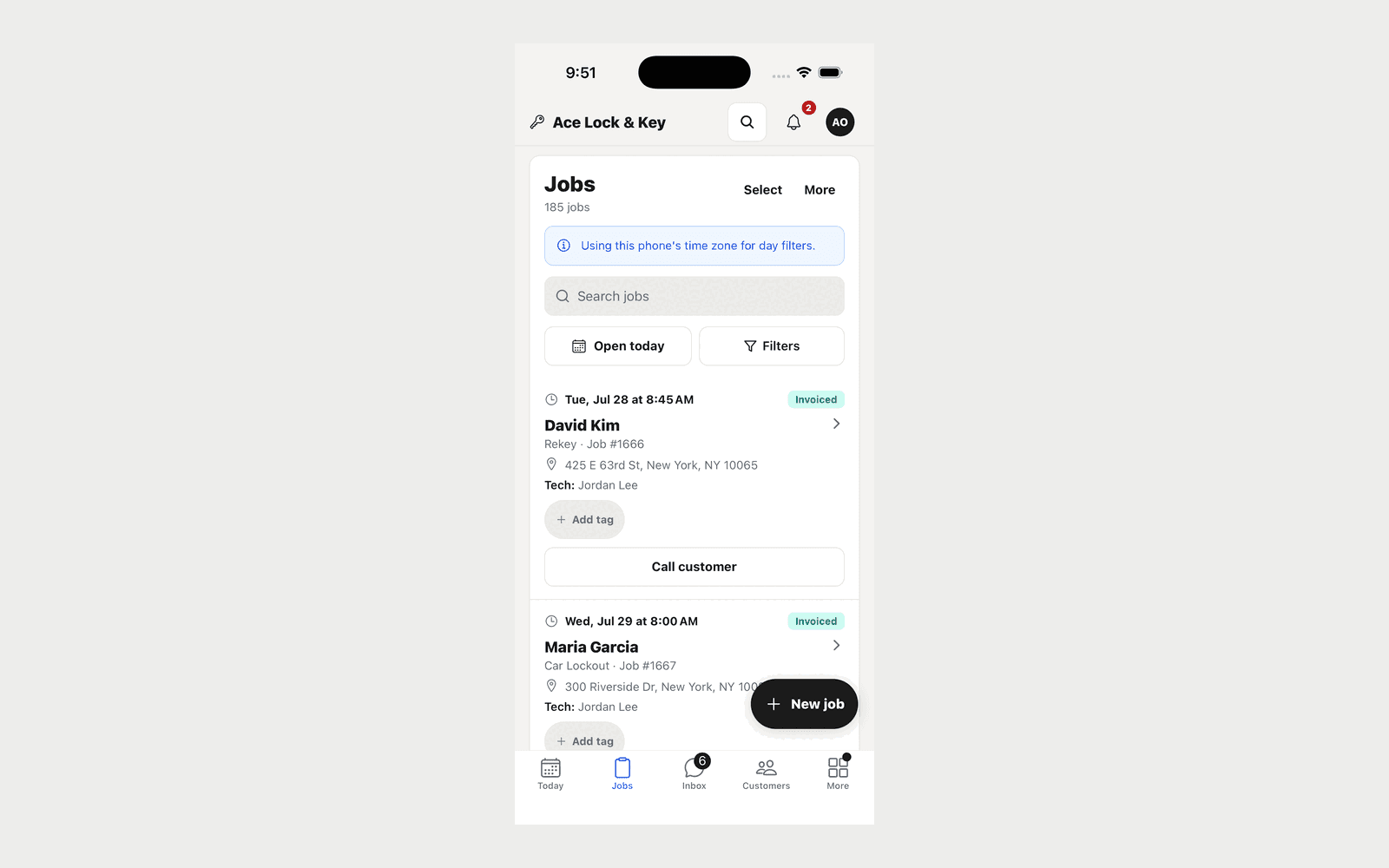 KeyBolt iPhone app Jobs tab with the redesigned job list and New job button