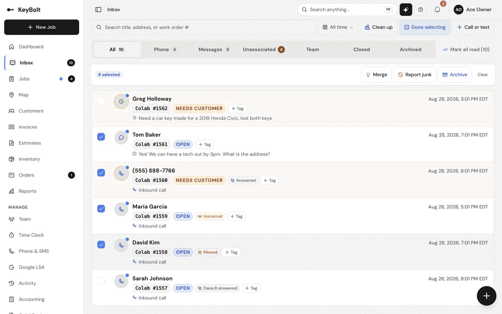 Inbox with several demo Colabs selected and the Report junk action visible