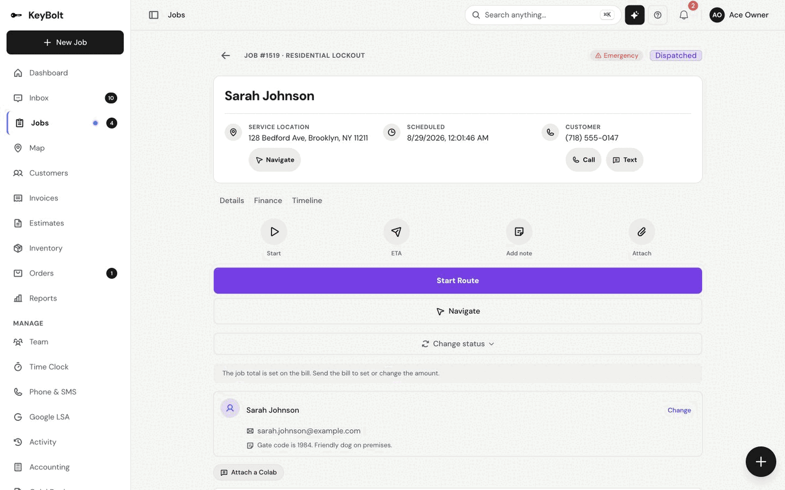 Job detail header with the customer, status, schedule, address, and phone